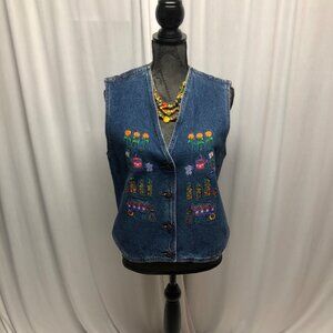 Casey Coleman Denim Vest Women Size Medium Embroidered Floral Garden Vintage